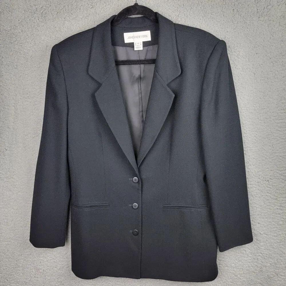 Jones New York Womens Blazer 10 Black Worsted Wool Made In USA Classic Longline